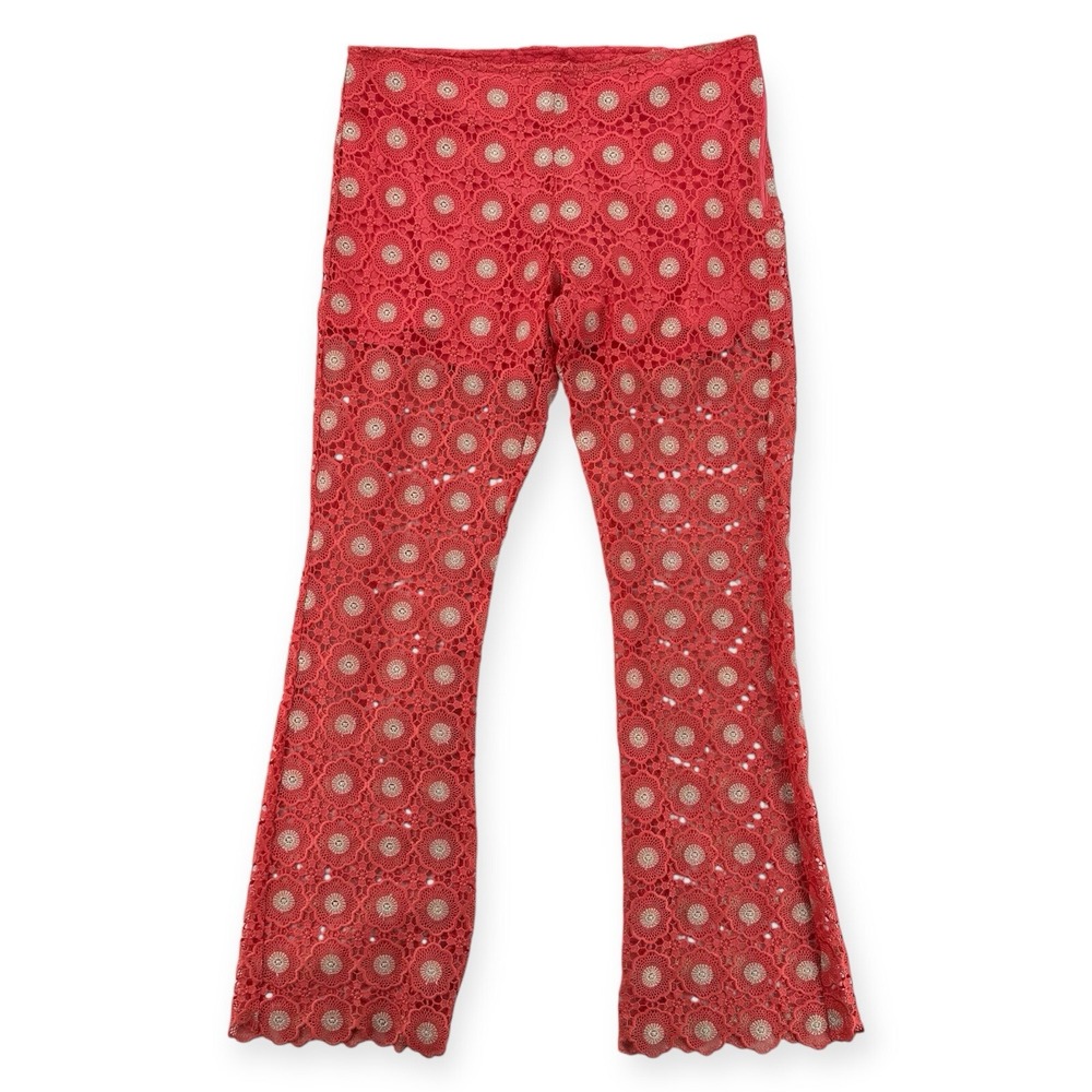 Valerie Khalfon Paris Punchy Lace Pants Womens 42 Large Coral Gold Boho NWT